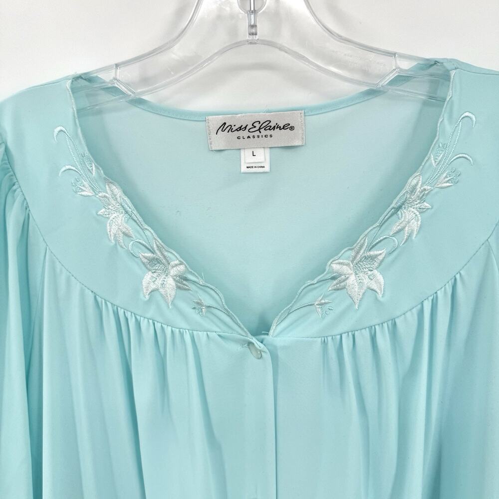 Miss Elaine Nylon Robe Sz Large Aqua Blue Button Front Housecoat Cottagecore VTG - Picture 3 of 8